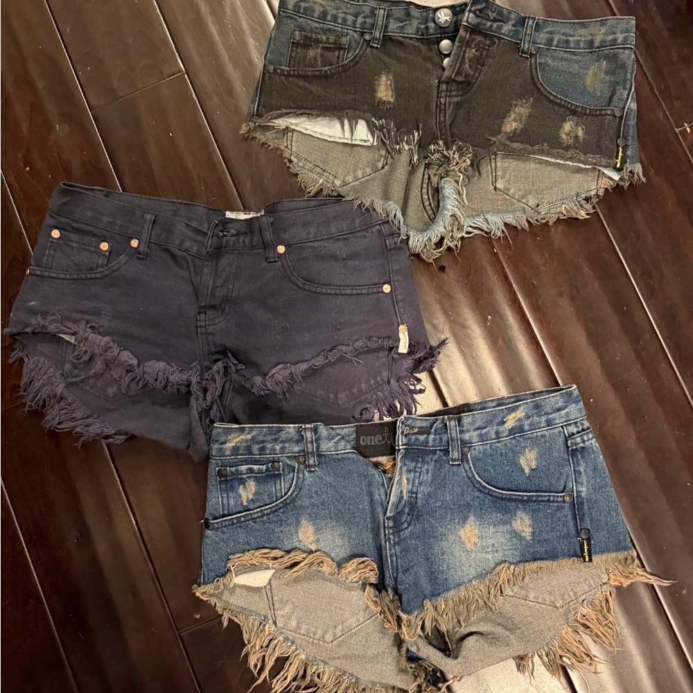One Teaspoon Black and Gray Jean Shorts Distressed Frayed Hem